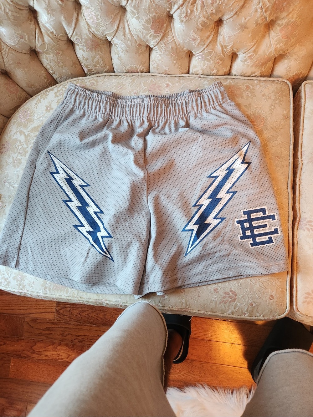 Eric Emanuel Grey Basketball Mesh Shorts with Blue Lightning Logos